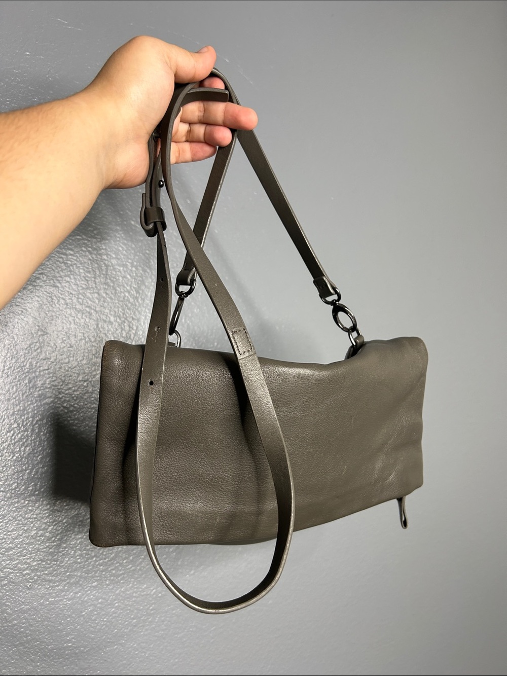 Skagen Leather Dark Gray Fold-Over Crossbody Bag